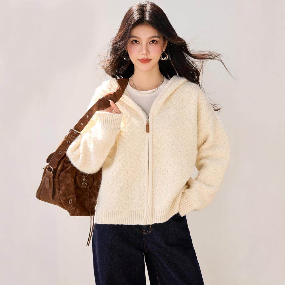 JOYIASS杏色羊羔绒连帽毛衣外套女秋冬巨好看的独特绝美漂亮加厚