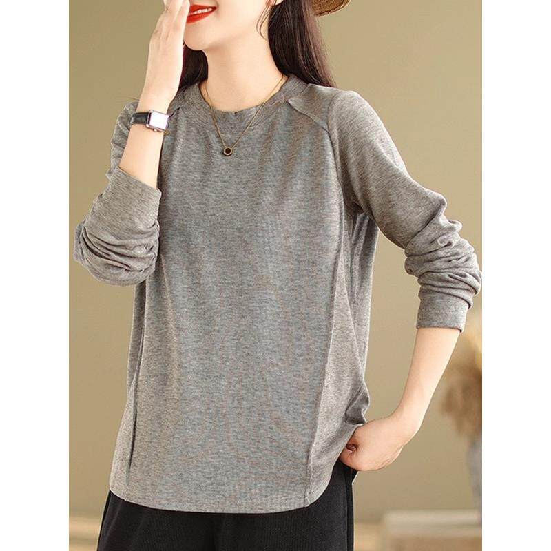 JOYIASS灰色正肩长袖t恤女士早秋巨好看的内搭打底衫大码宽松遮肚