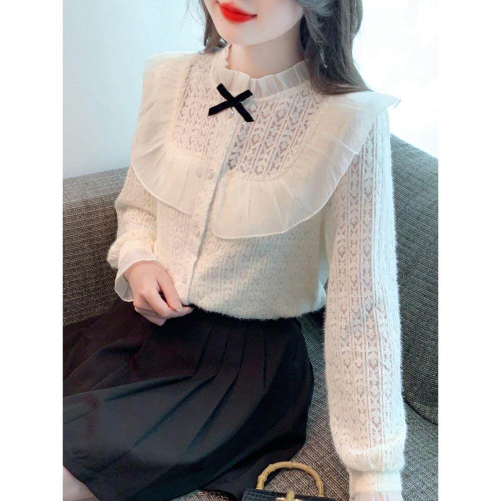 JOYIASS加绒加厚蕾丝衬衫女秋冬巨好看的独特漂亮别致高级感内搭