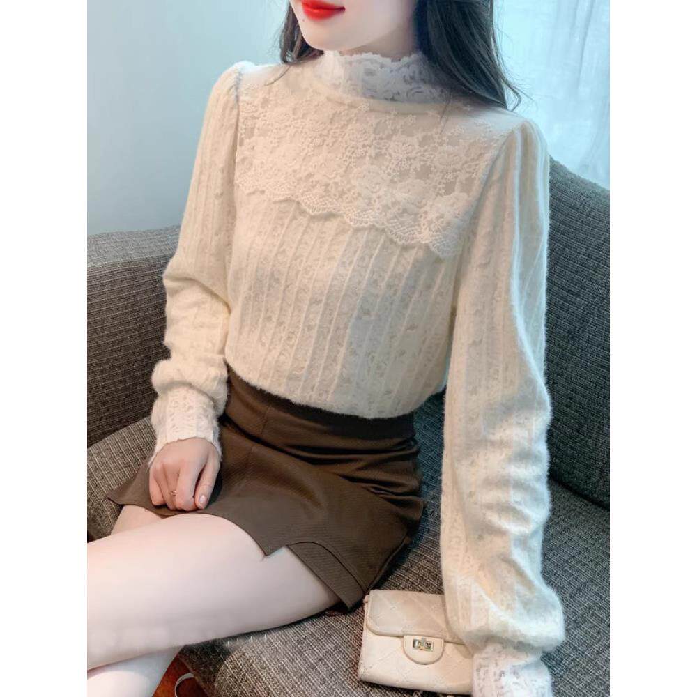 JOYIASS高级感半高领蕾丝内搭打底衫女秋冬巨好看的独特别致加绒