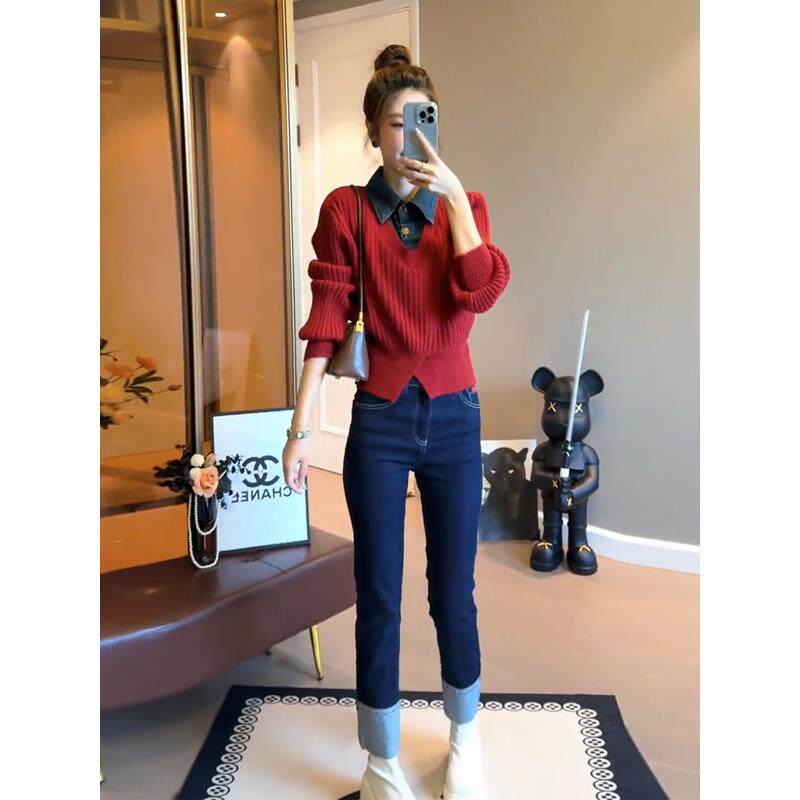 JOYIASS入秋穿搭一整套女2025新款假两件撞色牛仔针织衫高腰直筒