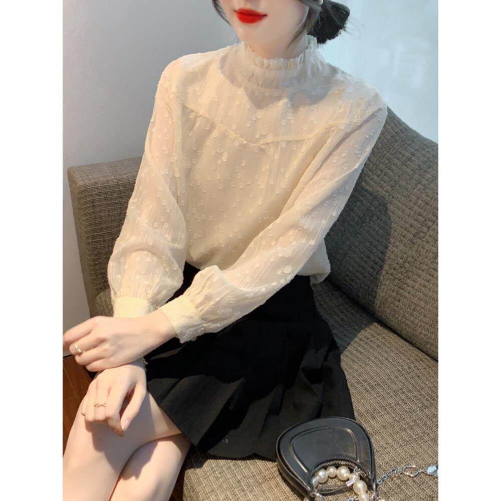 JOYIASS高级感半高领蕾丝衬衫女士秋冬巨好看的独特别致加绒加厚