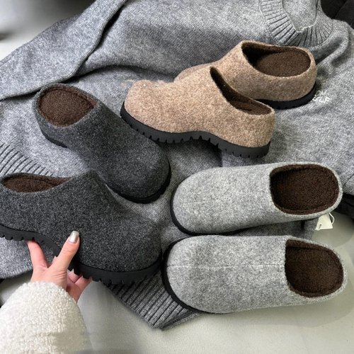 小个子厚底增高呢料半包头拖鞋