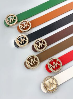 跨境新款腰带女士字母mk五金扣装饰百搭时尚带钻皮带女西装腰封带
