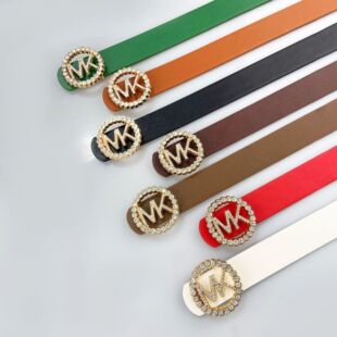 跨境新款腰带女士字母mk五金扣装饰百搭时尚带钻皮带女西装腰封带