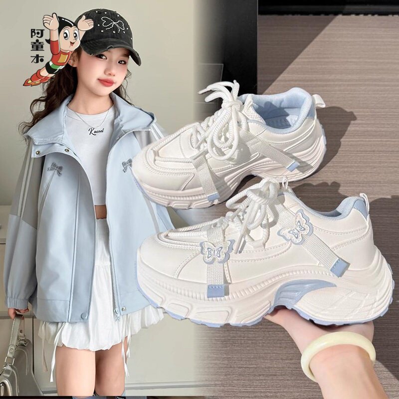 阿童木真皮女童运动鞋2026新款春季休闲中大童老爹鞋学生小白鞋子
