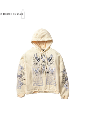 WHO DECIDES WAR 25FW 高街复古做旧刺绣飞鸟墓碑连帽卫衣
