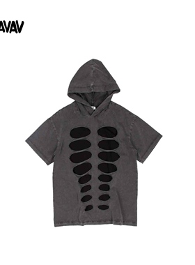 【奢华街头】AVAVAV 石洗棉双层结构骨骼镂空剪裁宽松中性连帽T恤
