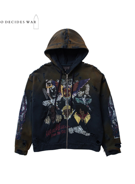 WHO DECIDES WAR 25FW 高街复古摇滚群星印花拉链连帽卫衣