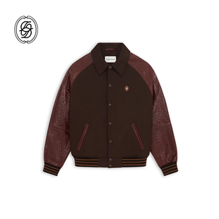 法式 Monsieur 25FW 复古羊毛酒红皮质拼接棒球夹克 DDM Drole