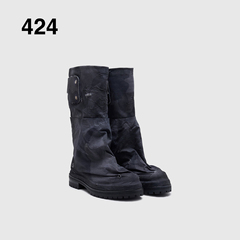424 25秋冬新款 高街复古做旧黑迷彩机能褶皱中筒龙骑士靴
