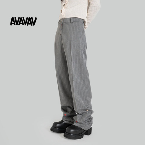 AVAVAV条纹纽扣堆褶直筒西装长裤