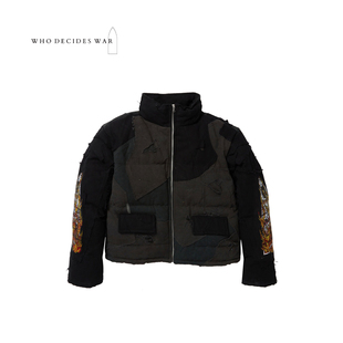 25FW WAR 高街复古做旧半高领贴布短派克大衣 DECIDES WHO