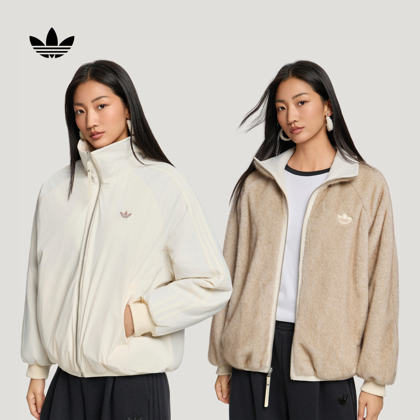 双面穿仿皮草保暖宽松运动夹克外套女装秋冬adidas阿迪达斯三叶草