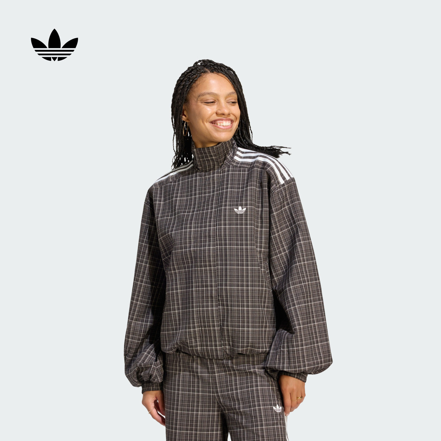 复古宽松格纹休闲运动外套长袖上衣女装秋季adidas阿迪达斯三叶草