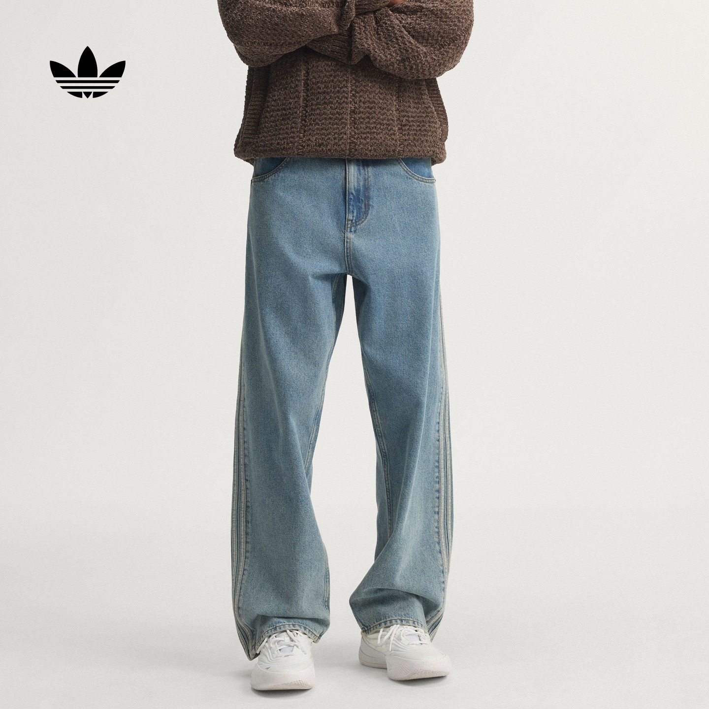 复古街头风水洗做旧牛仔运动裤直筒裤男秋季adidas阿迪达斯三叶草