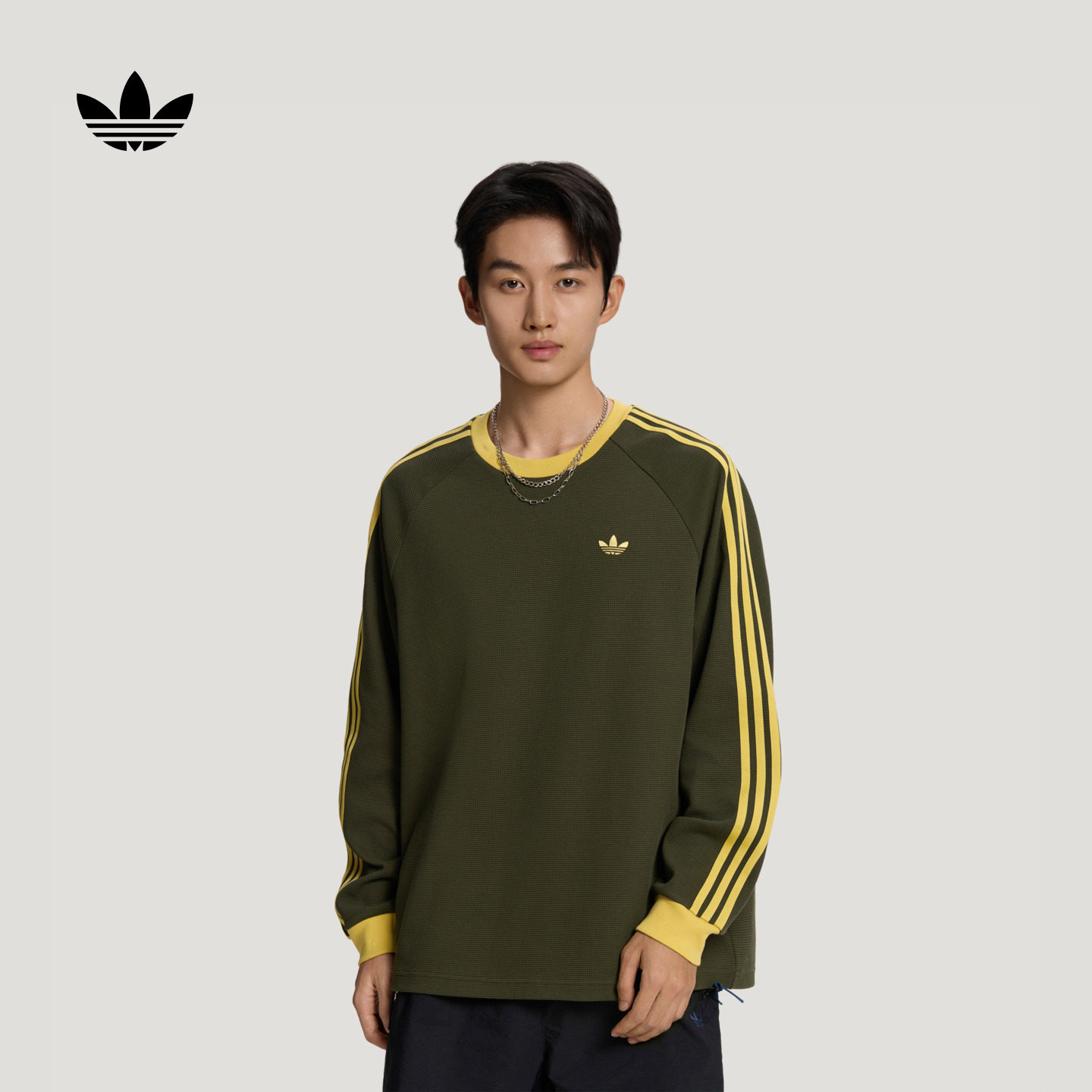 华夫格宽松休闲长袖T恤上衣男女秋季新款adidas阿迪达斯三叶草