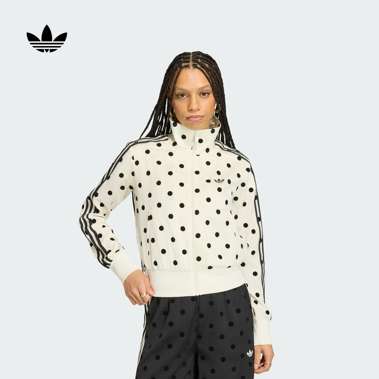 缎面波点上衣漏斗领休闲夹克早秋外套卫衣女adidas阿迪达斯三叶草