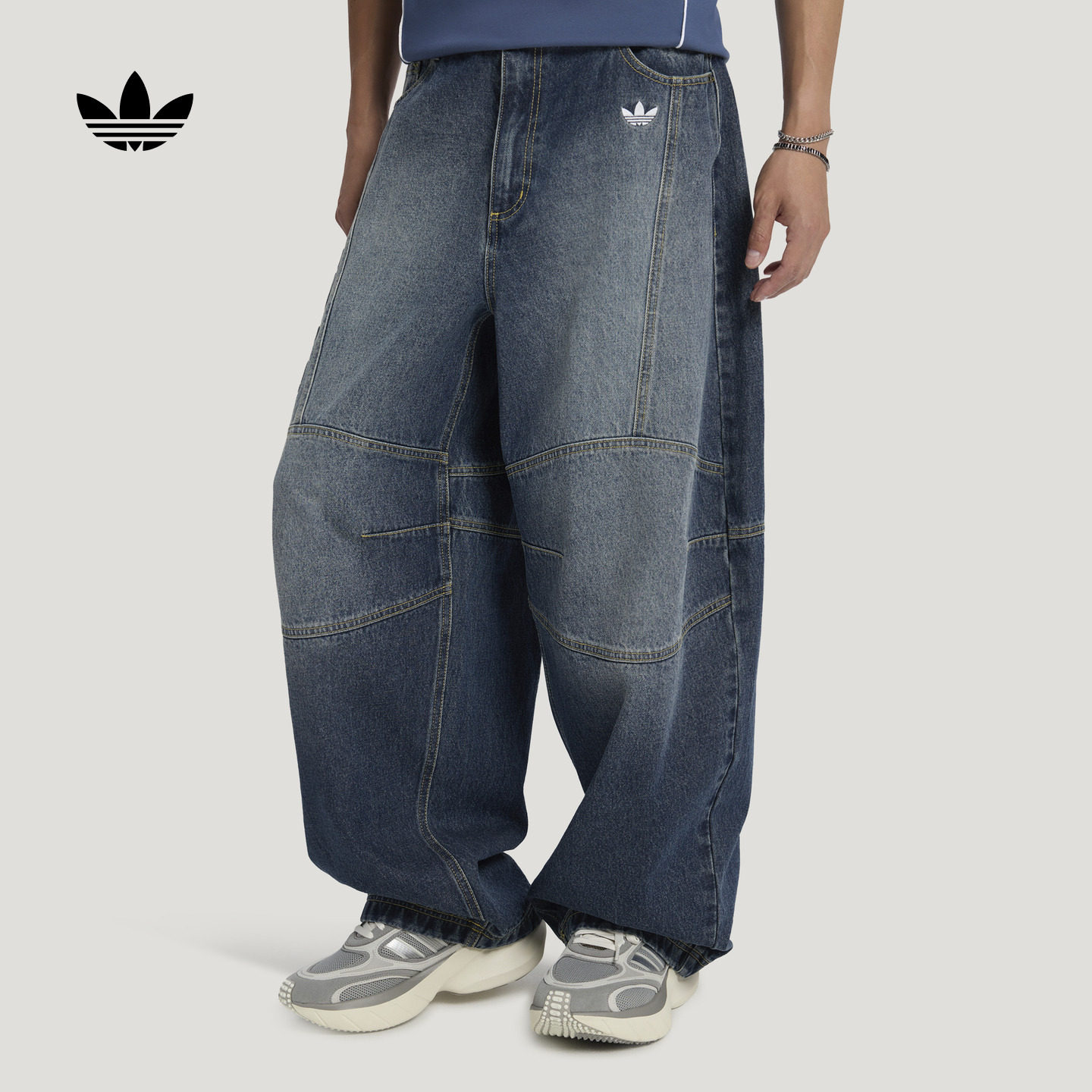 宽松百搭休闲水洗做旧拼接牛仔运动裤男秋季adidas阿迪达斯三叶草