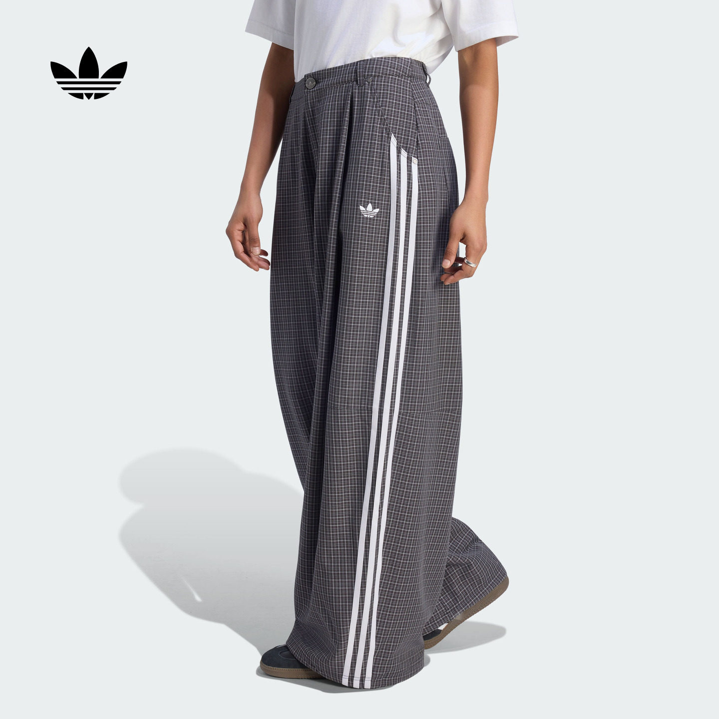 复古垂感格子裤宽松休闲阔腿运动裤女装adidas阿迪达斯三叶草