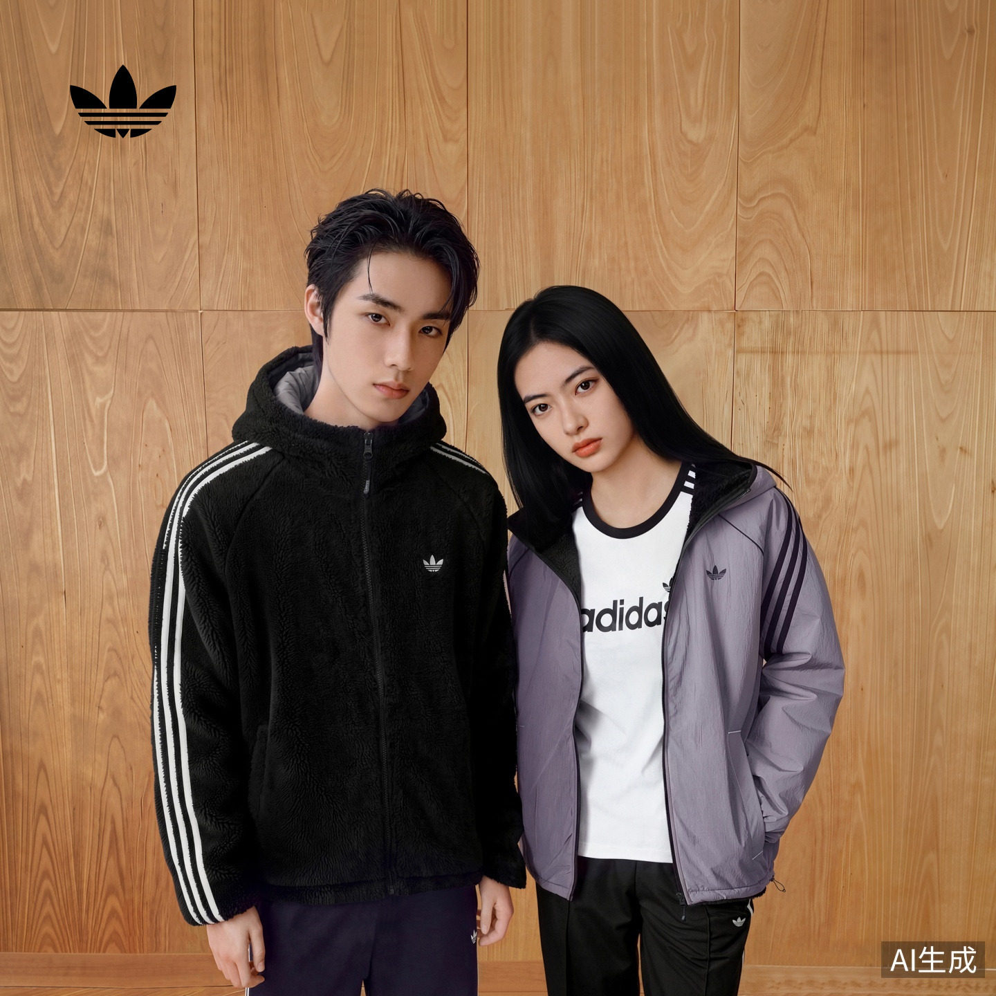 双面穿休闲仿羊羔绒连帽夹克外套男女秋冬adidas阿迪达斯三叶草