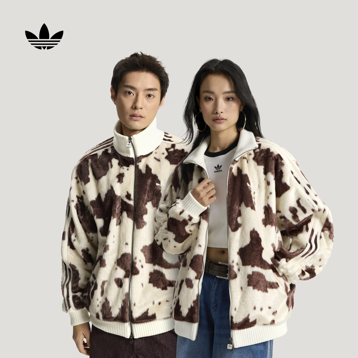 奶牛纹印花宽松舒适仿皮草运动外套男女adidas阿迪达斯三叶草