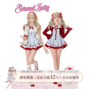 甜品系 白色泡泡短裤 樱桃丸子 蓝色格纹连衣裙女 夏季 少女椰子