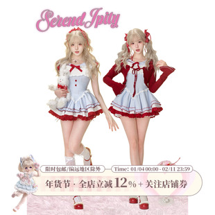 少女椰子【甜品系】樱桃丸子 春季蓝色格纹连衣裙女+白色泡泡短裤