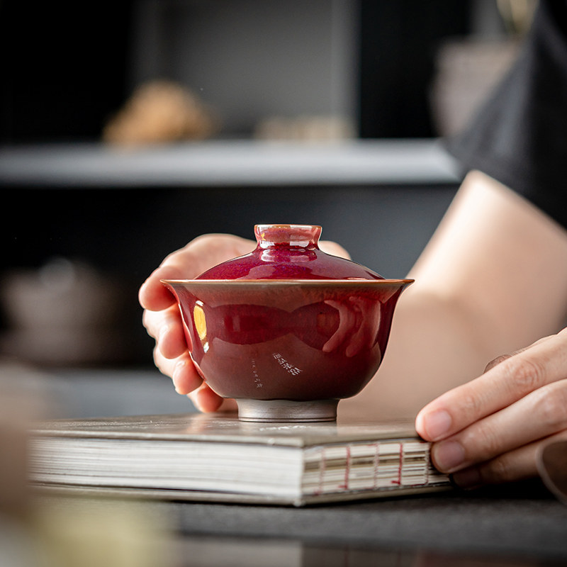 琅红冰花盖碗茶杯陶瓷茶具茶碗泡茶器粗陶家用复古红色二才盖碗