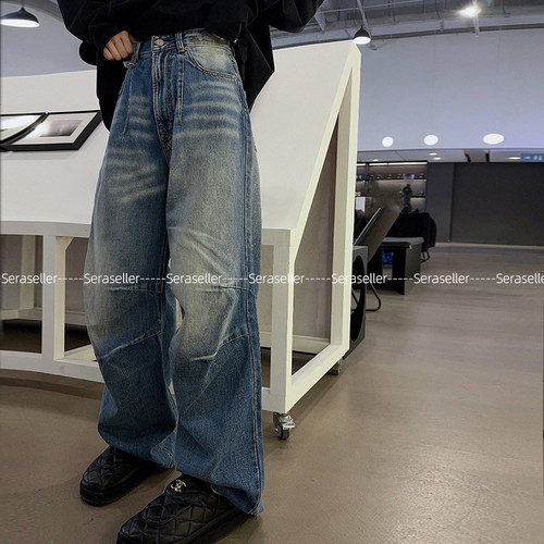 S.L/mskin6牛仔裤女2024年早春新款直筒高腰工装阔腿宽松拖地裤子