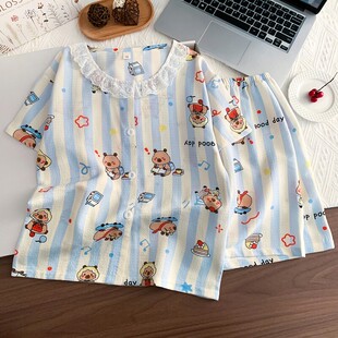 泡泡棉卡通儿童小女孩中大童套装 薄款 短裤 短袖 家居服男童睡衣夏季