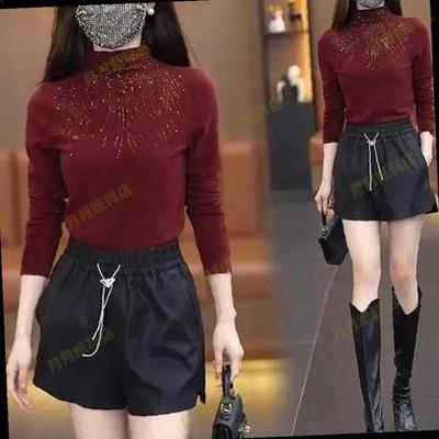 半高领长袖打底衫女秋冬2025新款枣红色上衣高级感烫钻修身打底衣