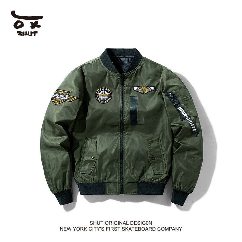 shut美式复古纯色绣标夹克春秋季潮牌宽松休闲飞行服外套男女同款