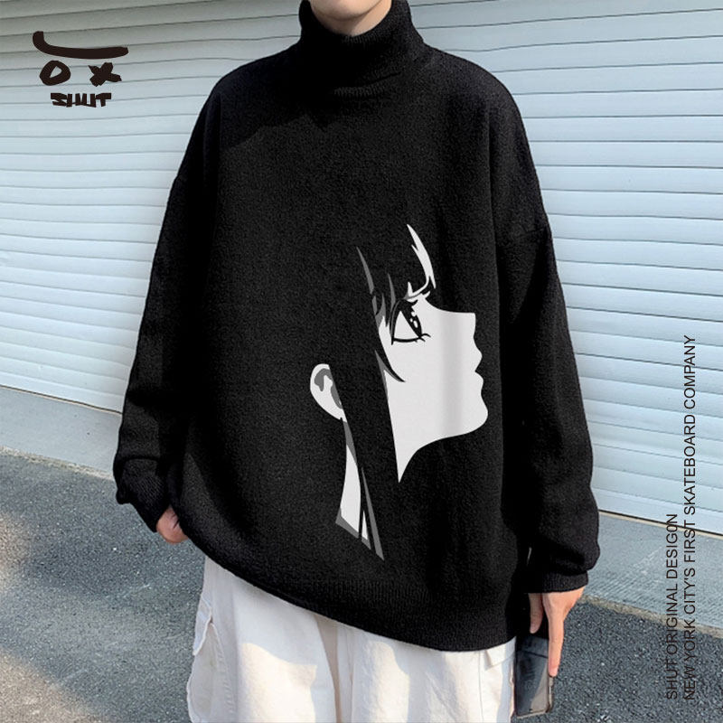 shut 卡通动漫女孩人像高领保暖宽松休闲毛衣 情侣款 黑色