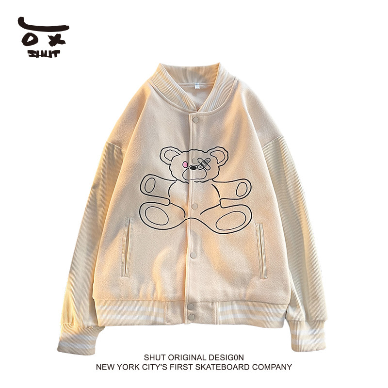 shut小熊印花条纹立领棒球服外套春秋季新款潮牌休闲夹克男女同款