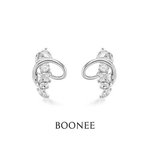 BOONEE立体曲线切面锆石耳钉不规则金属线条设计耳饰小众独特耳环