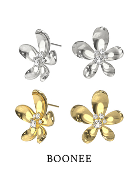 BOONEE花朵镶钻耳钉女小众设计轻奢高级感气质秋冬金色耳环耳饰