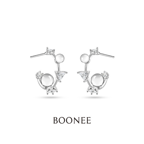 BOONEE几何锆石错落透珠C圈耳环