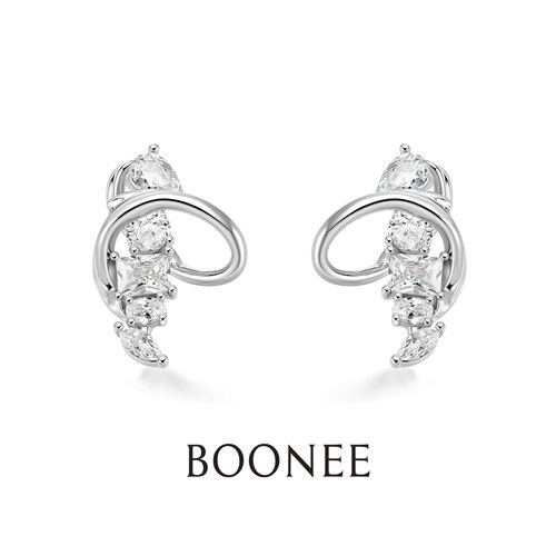BOONEE立体曲线切面锆石耳钉不规则金属线条设计耳饰小众独特耳环