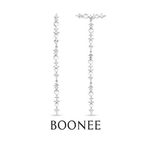 BOONEE长流苏两戴耳饰多切面锆石透珠不对称设计耳钉夸张独特耳环
