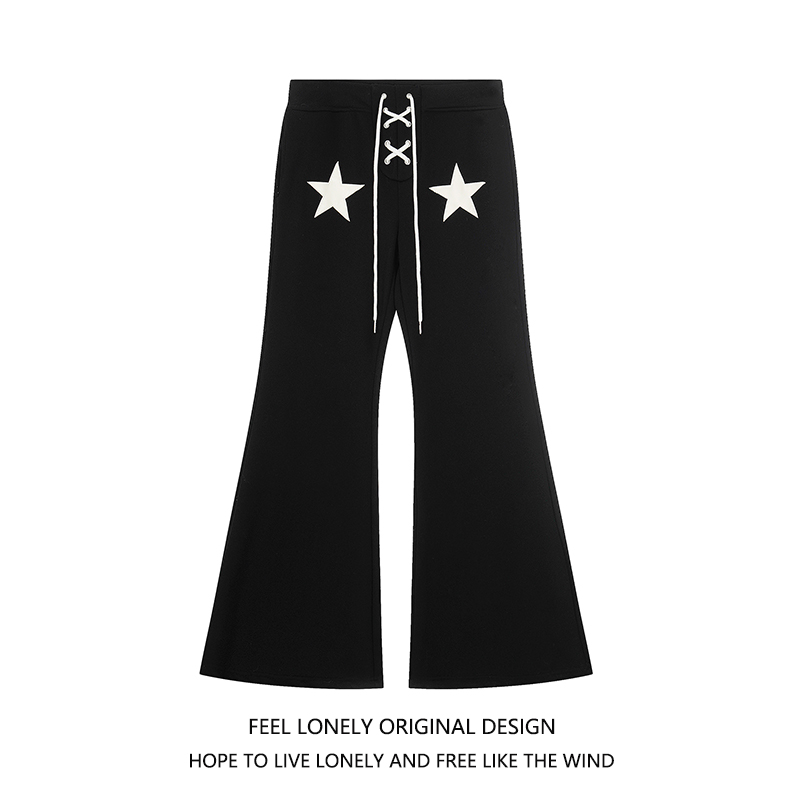 Feel lonely 美式星星贴布绑带加绒休闲裤女男秋冬季设计感微喇裤