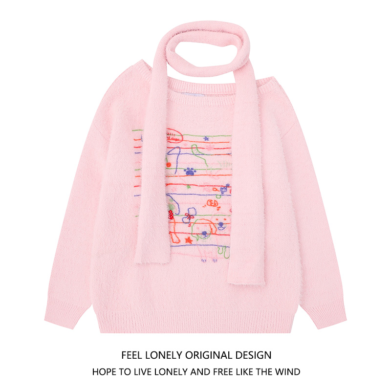 甜美风乐谱小狗圆领毛衣配围脖