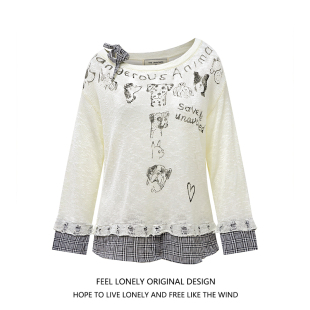 宽松慵懒风上衣 T恤女秋季 Feel lonely设计感小狗格子拼接斜肩长袖