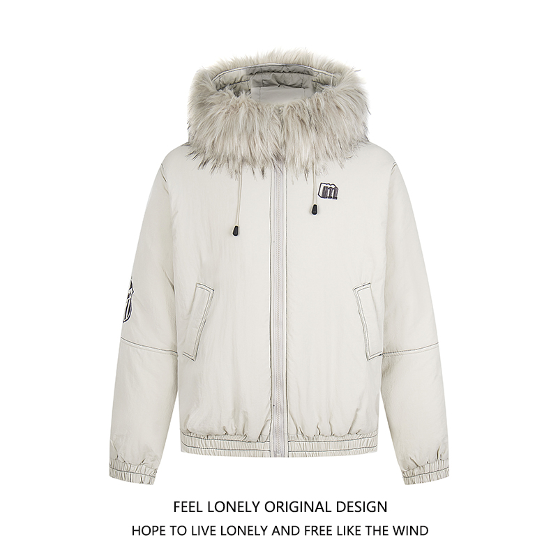 Feel lonely 美式毛领连帽棉服外套男女冬季设计感派克服棉衣加厚