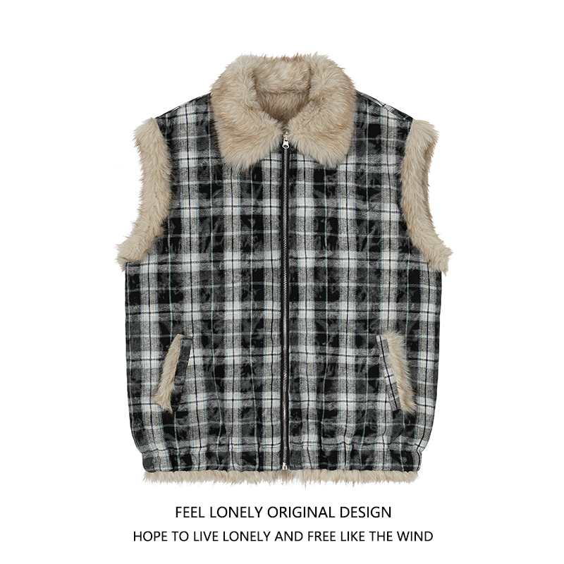 复古格子双面穿毛绒马甲