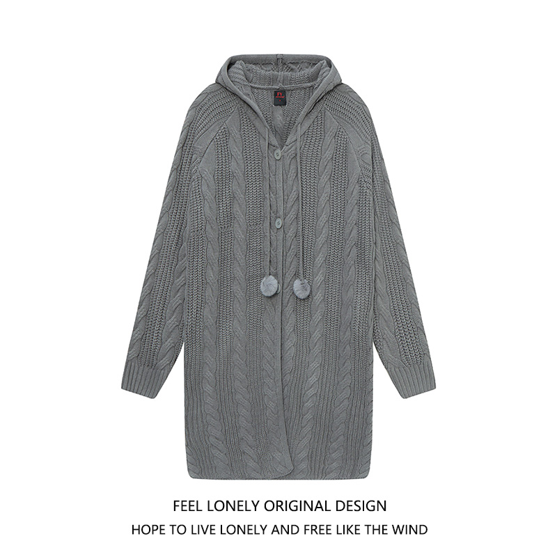 韩系慵懒风长款连帽针织开衫外套