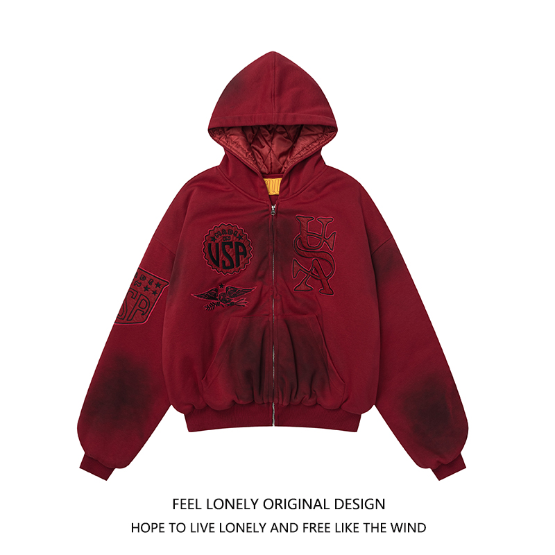 美式接头复古徽章刺绣连帽棉衣