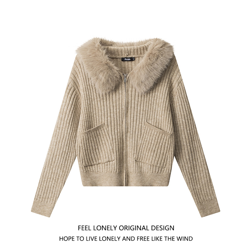 美式大毛领连帽针织开衫毛衣外套