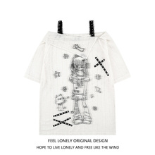 Feel lonely 亚文化少女印花一字肩罩衫短袖T恤女生夏季新款上衣