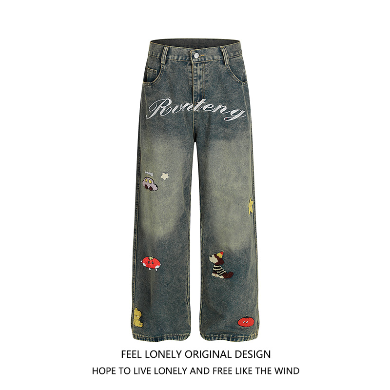 复古卡通毛巾绣水洗牛仔裤
